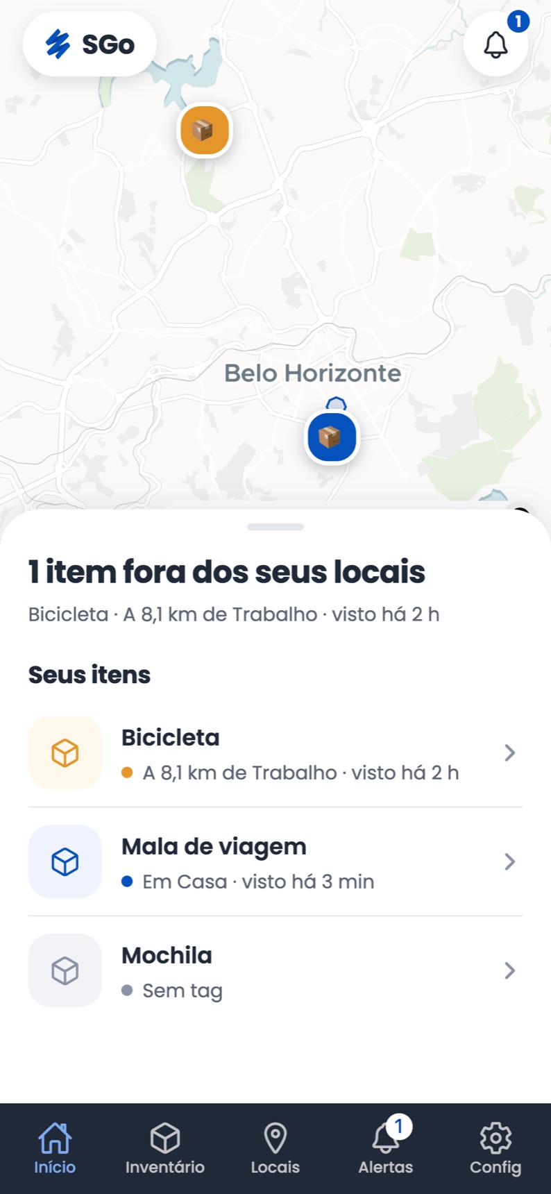 Tela inicial do app SGo com a lista de itens e quando cada um foi visto