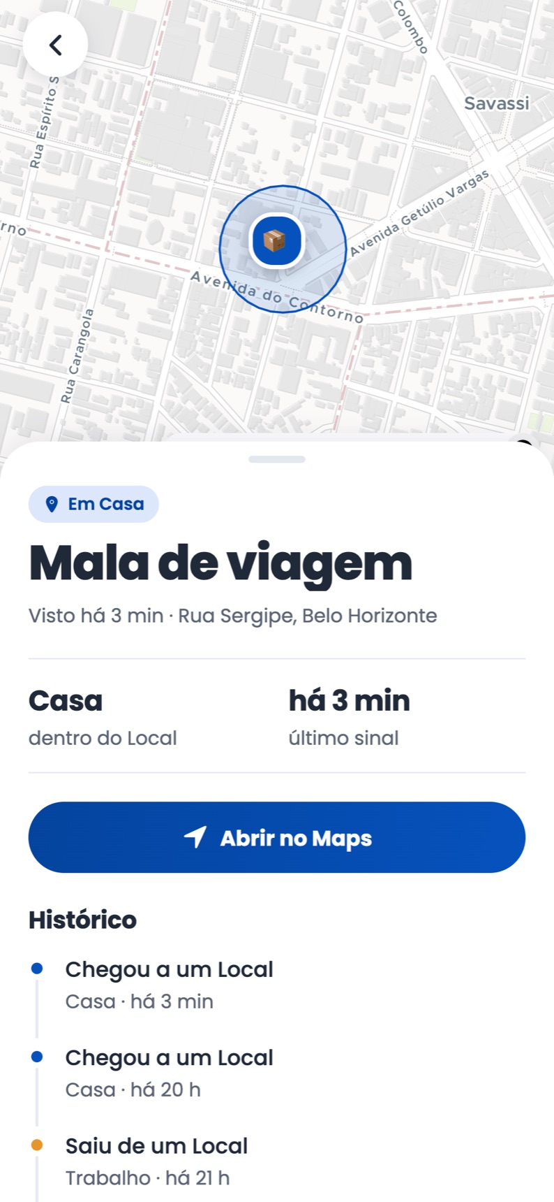 Tela do app SGo: detalhe da Mala de viagem, com o último sinal e o histórico